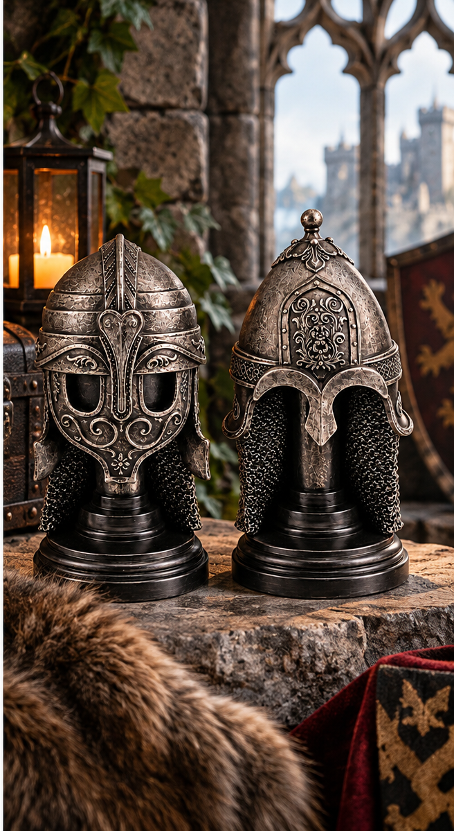 Pair of Medieval Knight Helmet Statues Gothic Armour Figurines Silver 15.8cm