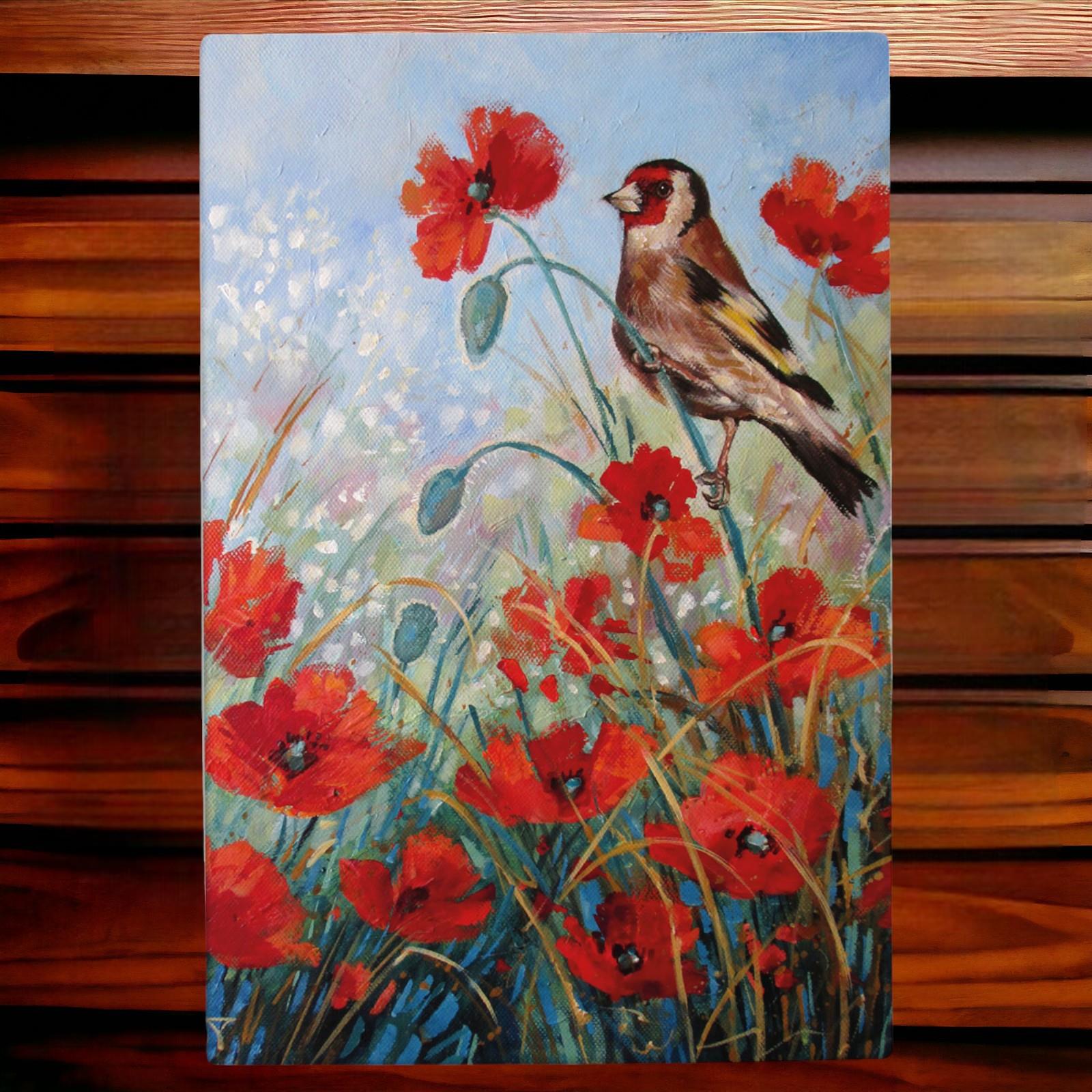 Judith Yates - Bright Poppies Goldfinch Ceramic Art Tile - 30 x 20 cm - Wall Hanging-Osiris Craftworks