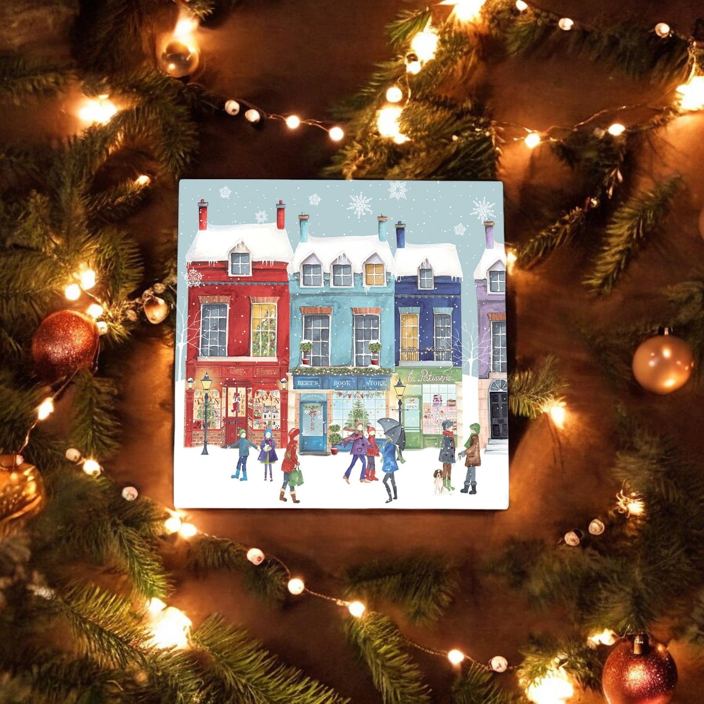 Christmas Shopping Ceramic Art Tile by K.T. Bentley - 20x20 cm - Ready to Hang - Perfect Gift