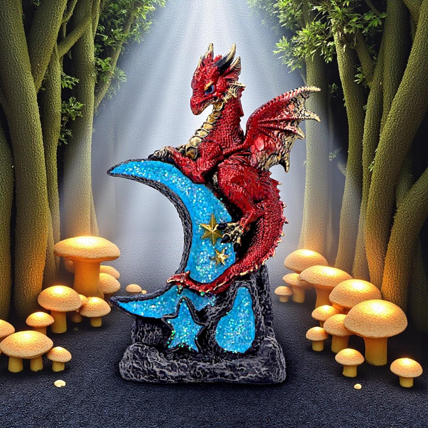 Crescent Moon Dragon Statue Fantasy Figurine Gothic Mythical Creature Art Decor