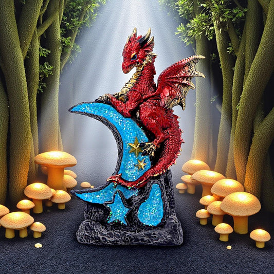 Crescent Moon Dragon Statue Fantasy Figurine Gothic Mythical Creature Art Decor