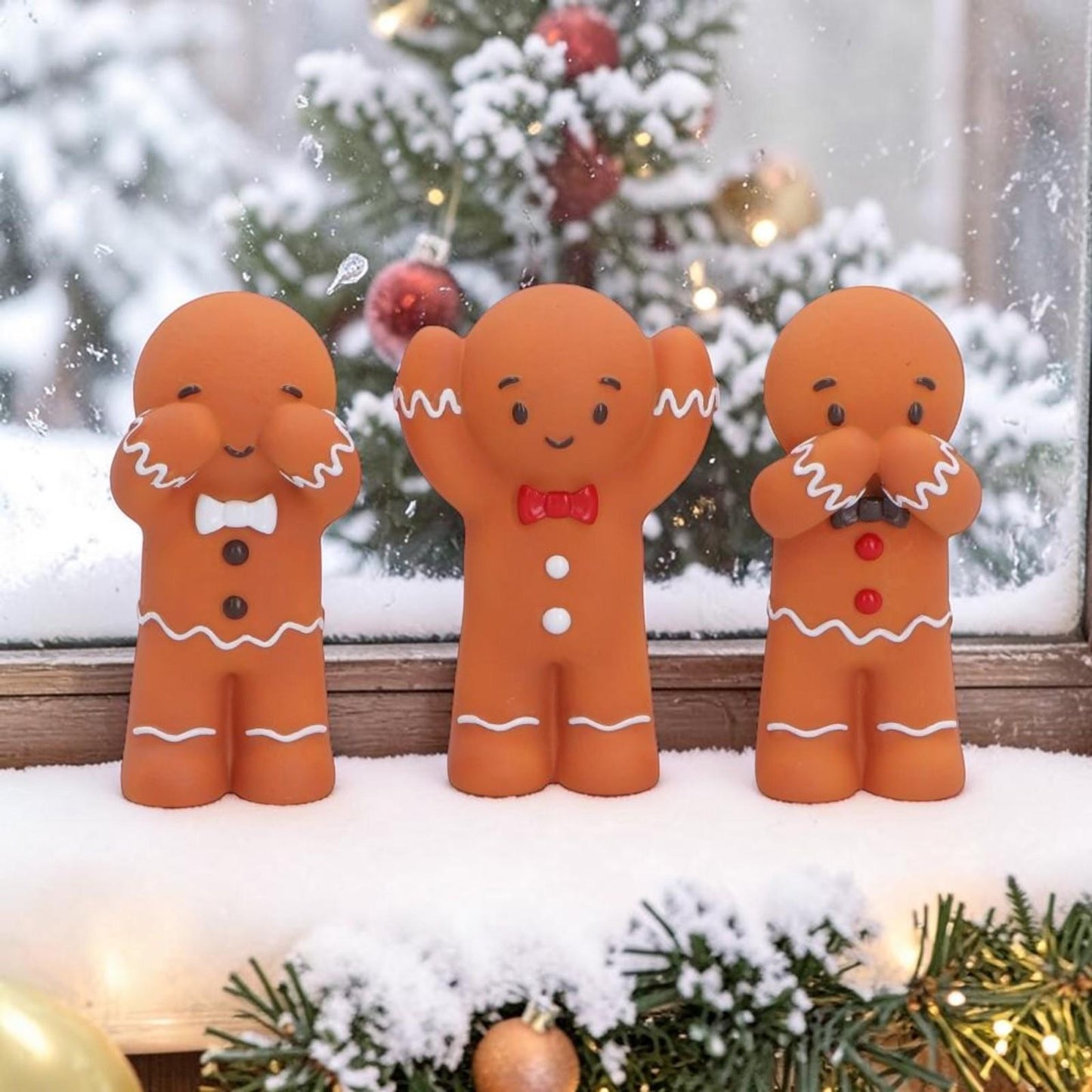 Gingerbread Three Wise Statues 9cm See Hear Speak No Evil Xmas Table Decorations