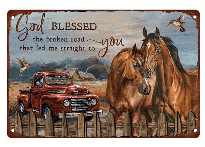 Inspirational God Blessed Metal Wall Plaque Horses Truck Country Home Sign