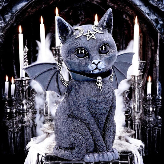 Gothic Winged Cat Figurine Wiccan Pentagram Occult Decor Mystical Ornament Decor