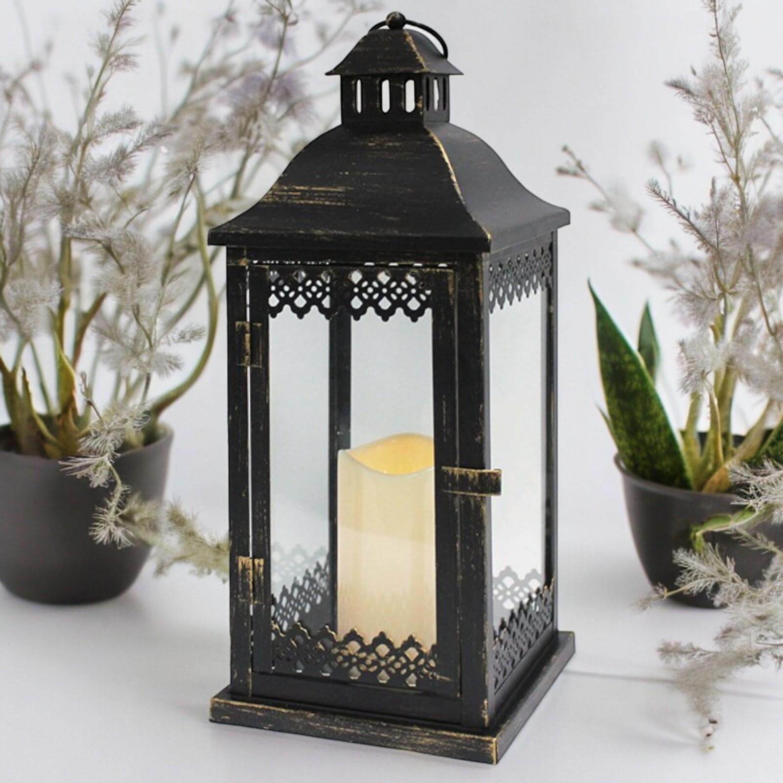 Elegant Metal and Glass Outdoor Lantern with Fixed LED Candle and Timer - 40 CM - Batteries Included-Osiris Craftworks