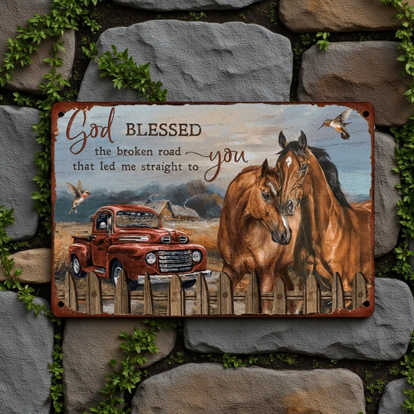 Inspirational God Blessed Metal Wall Plaque Horses Truck Country Home Sign