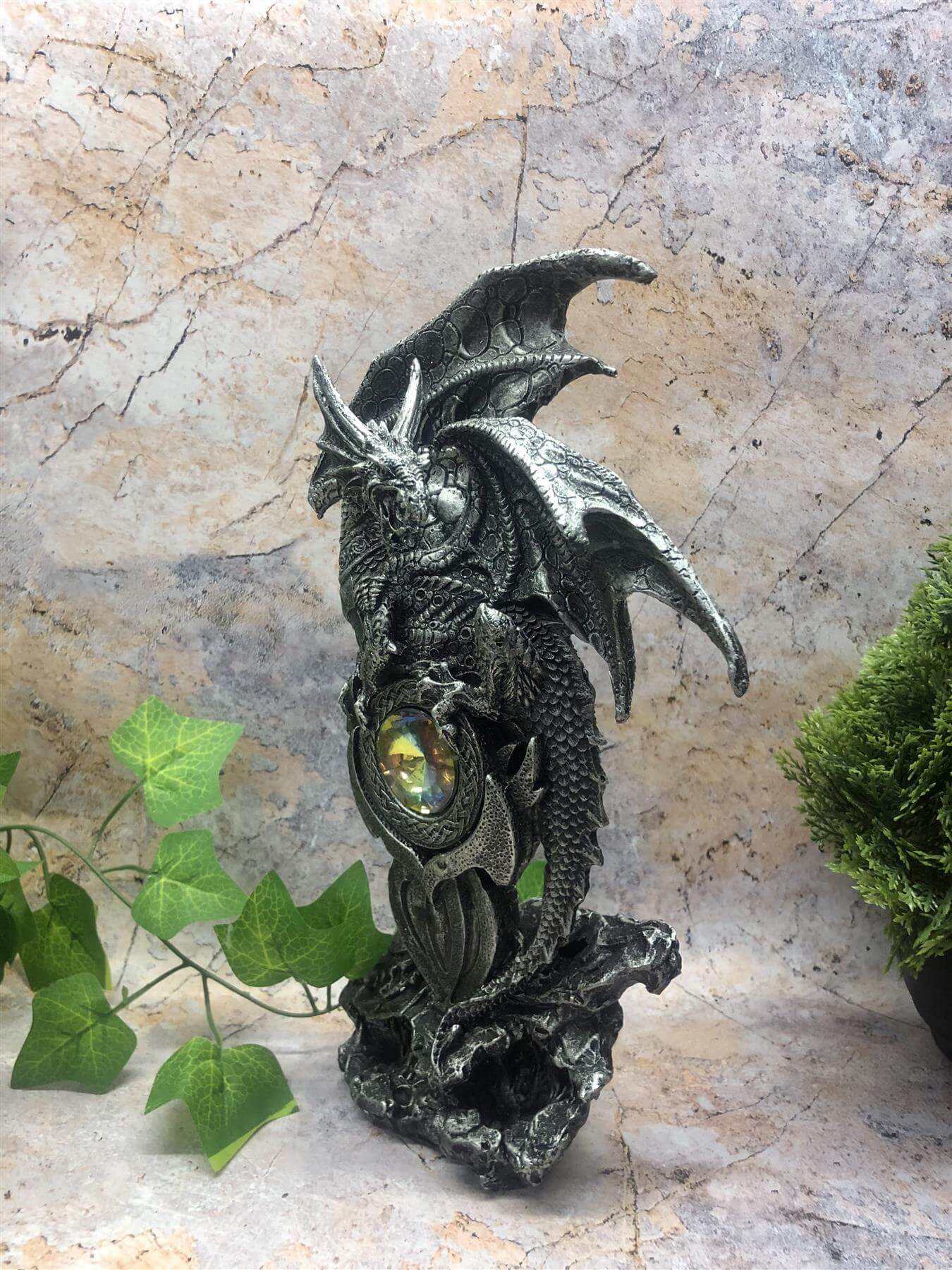 Majestic Dragon Jewel Guardian Statue, Silver Resin Sculpture, Handcrafted Fantasy Art Figurine, Mythical Beast Ornament Magical Realm Decor