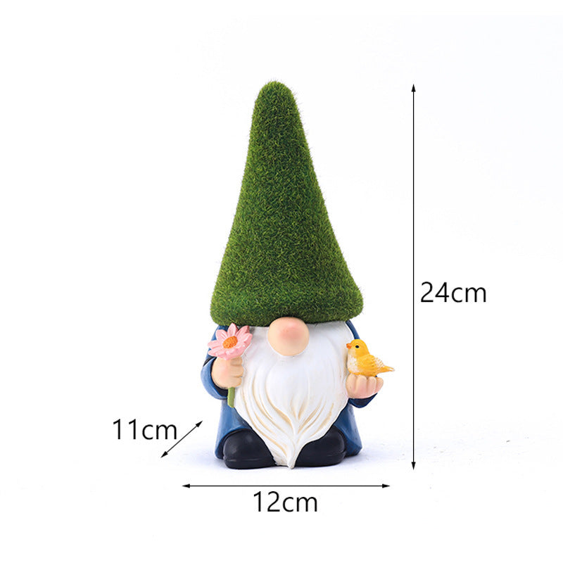 Whimsical Garden Gnome Statue - Moss Hat Design, Handcrafted Resin, Adorable Gnome Holding Bird & Flower, Ideal for Outdoor Garden Decor