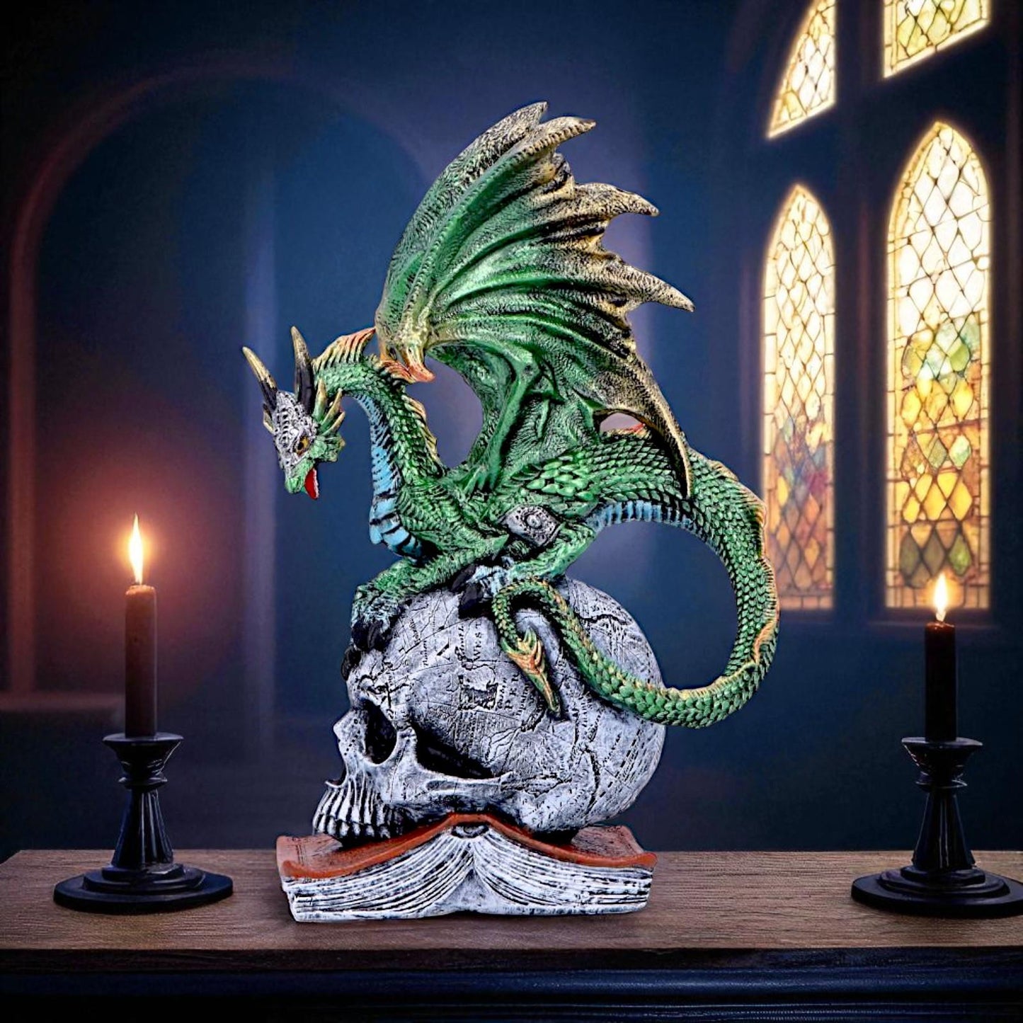 Gothic Dragon on Skull & Spell book Figurine Mythical Fantasy Ornament Art Decor
