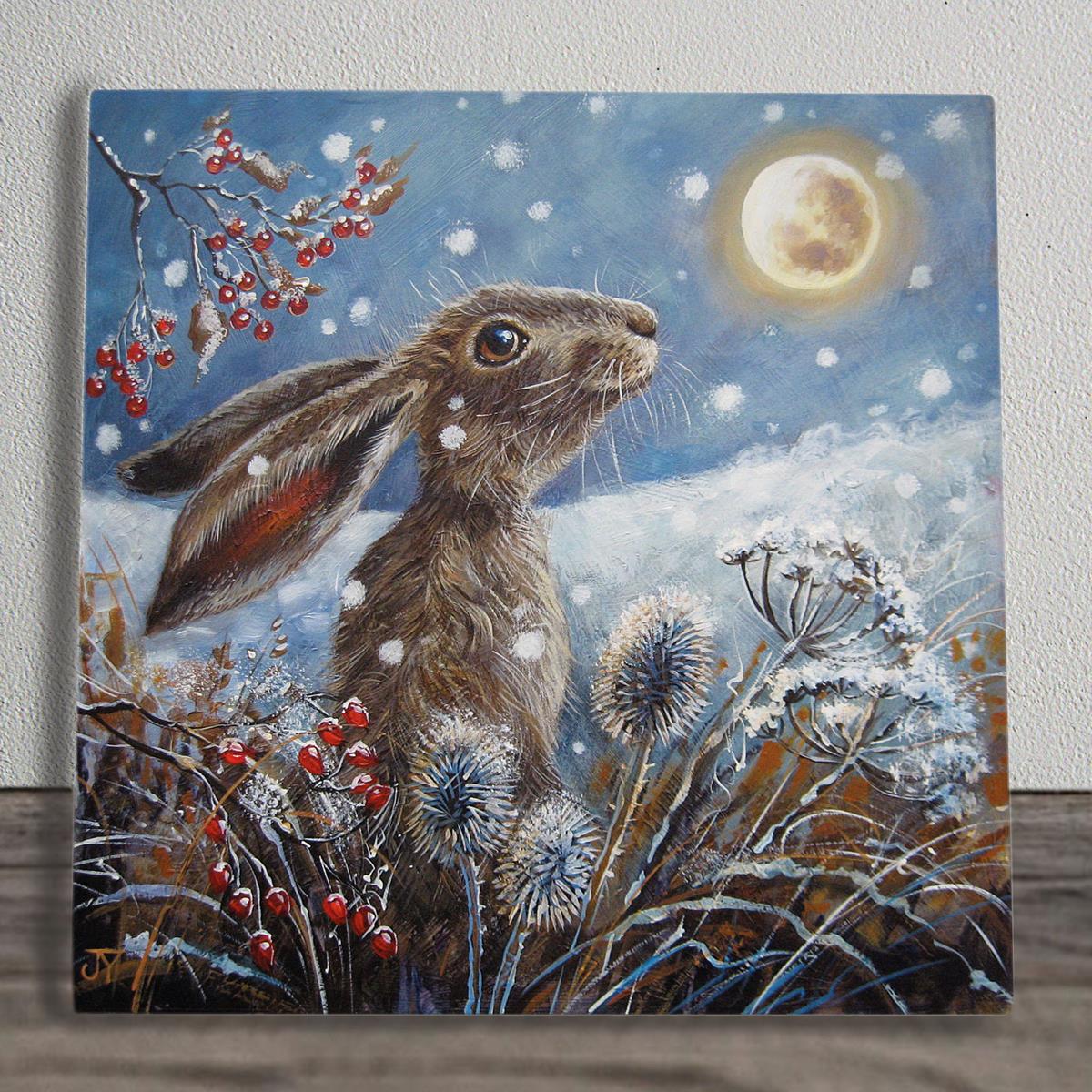 ICE MOON HARE Ceramic Art Tile by Judith Yates 20x20 cm – Nature Wall Décor, Winter Scene, Ready to Hang