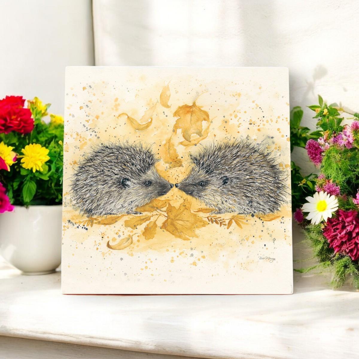 Snuffle and Spike Hedgehog Ceramic Art Tile by Bree Merryn 20X20cm Wall Art Boxed Home Decor Cute Animal Lover Gift