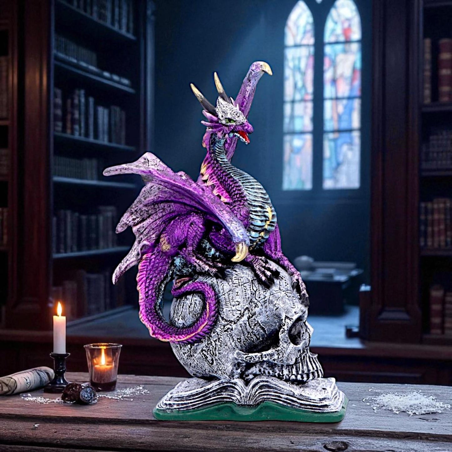 Mystical Dragon on Skull And Book Statue Gothic Decor Fantasy Figurine Ornament