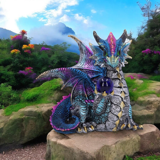 Mystical Crystal Ball Dragon Figurine | Fantasy Gothic Dragon Statue | Resin Ornament 15.5cm