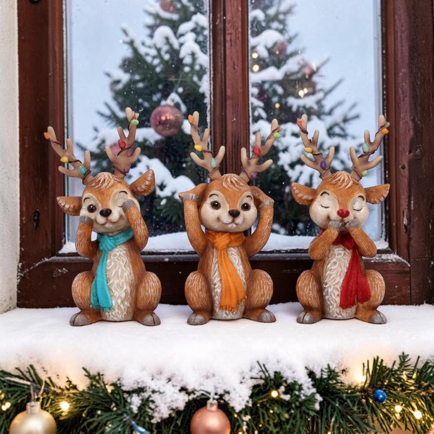 Christmas Reindeer Ornaments Set 3 See Hear Speak No Evil Festive Figures Gifts