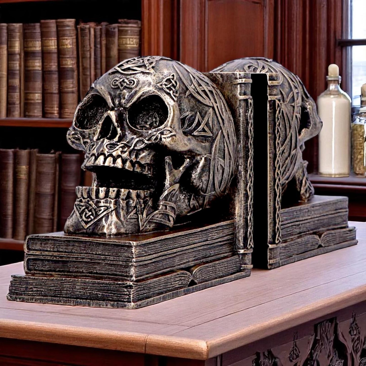 Celtic Skull Bookends Bronze Finish Decorative Shelf Decor Gothic Horror Ornaments
