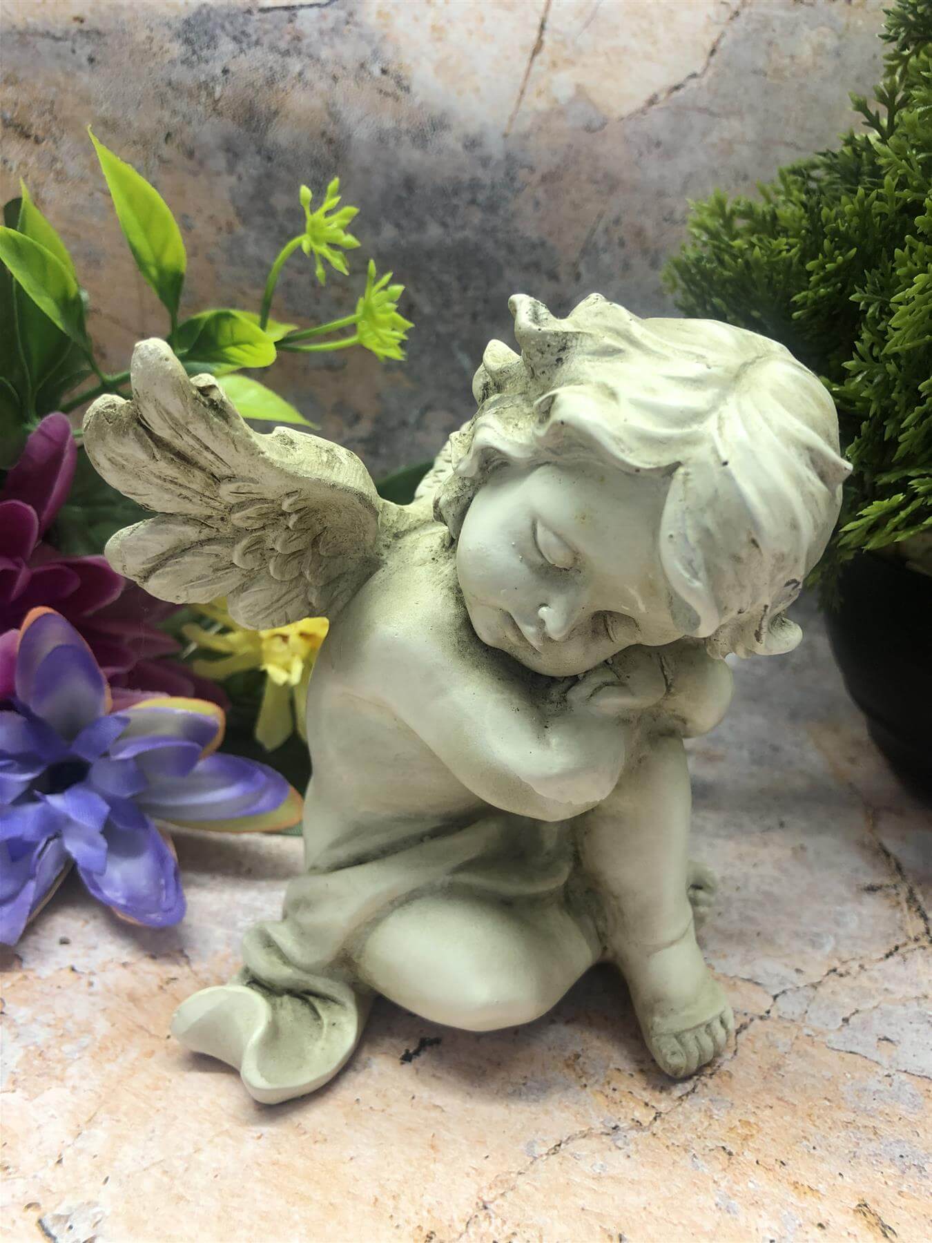 Guardian Angel Figurine Cherub Statue Resin Grave or Garden Ornament Sculpture Statue Graveside Figure 12 cm