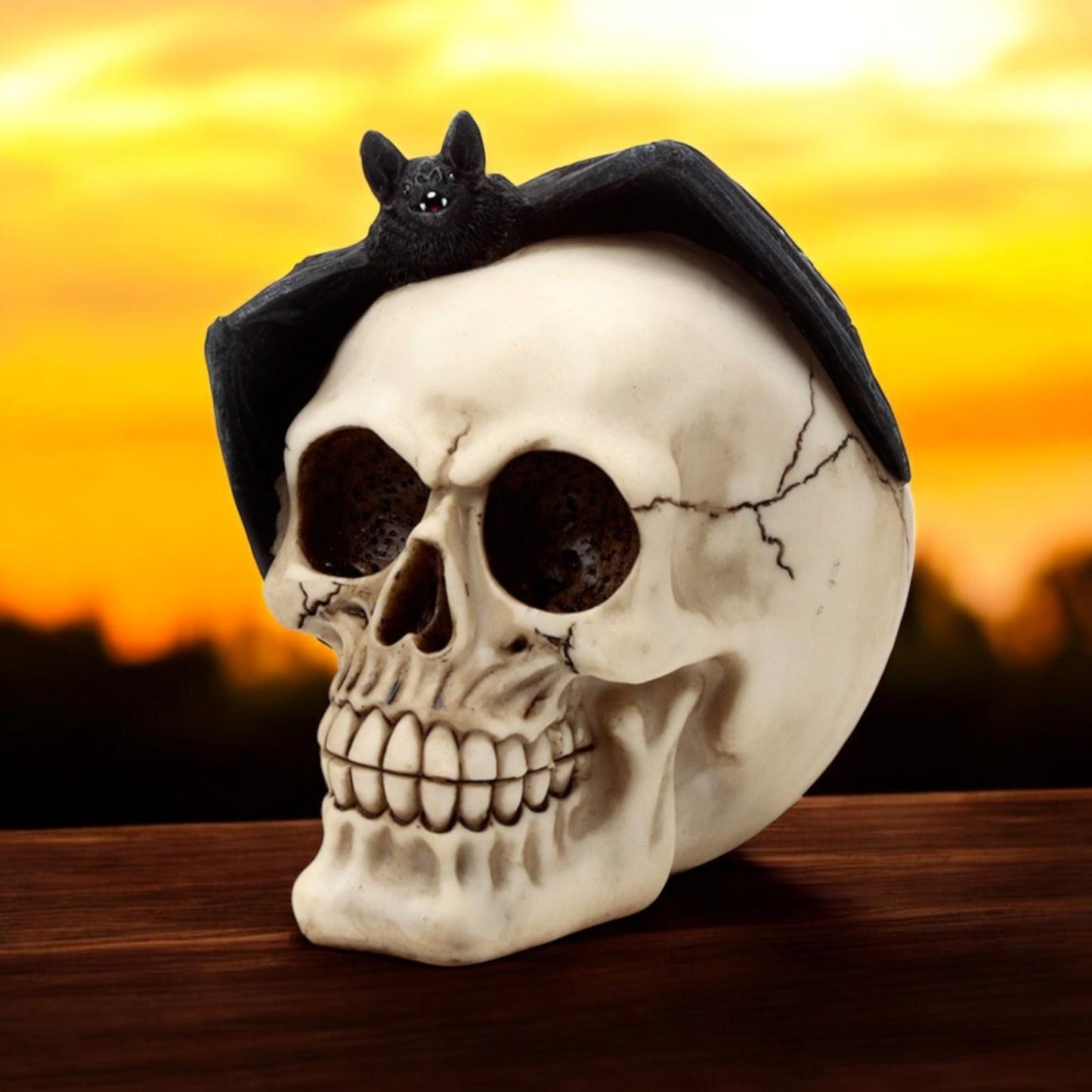 Gothic Skull and Bat Figurine Halloween Decor Dark Fantasy Occult Ornament