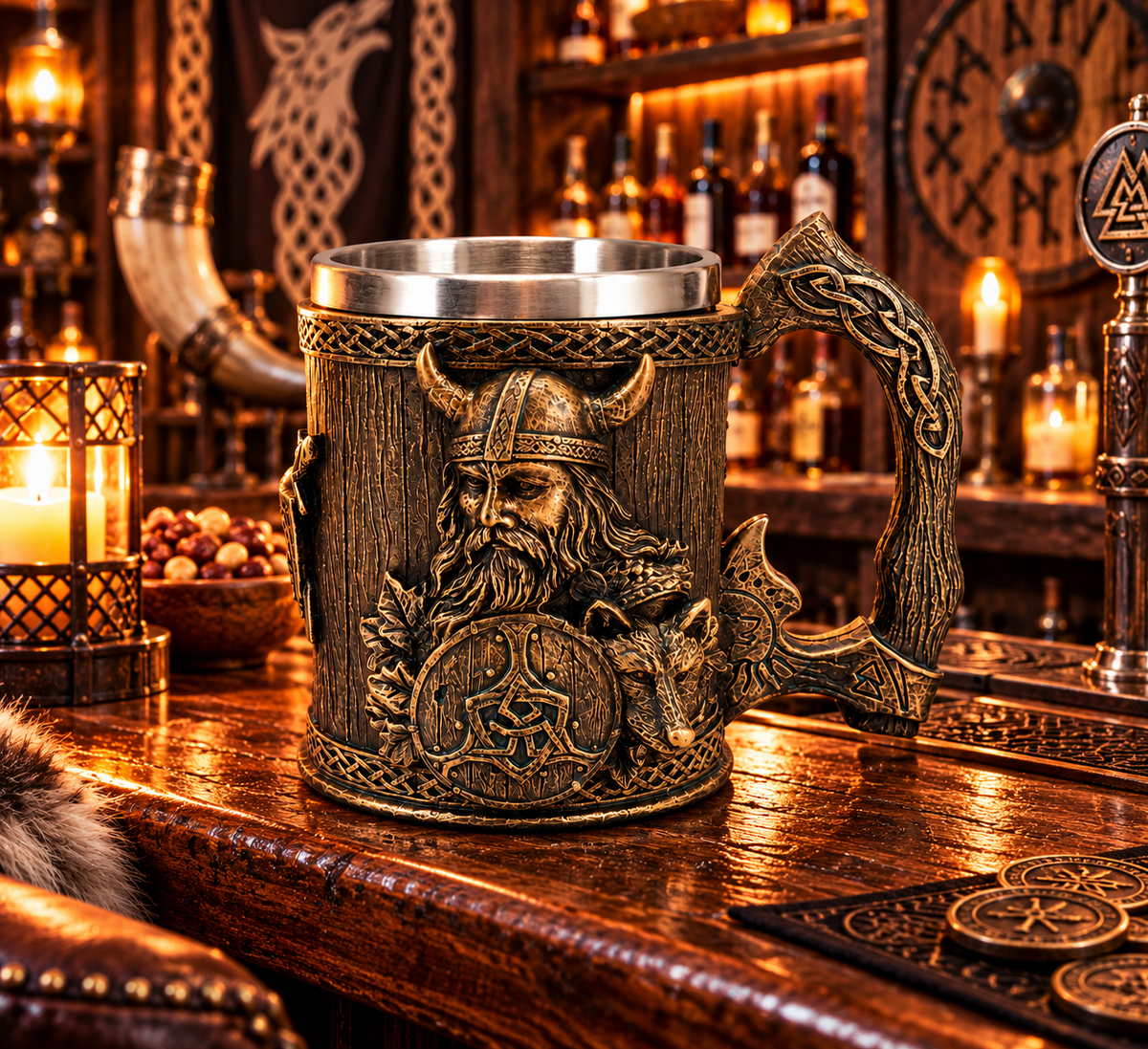 Viking Beer Tankard Warrior Wolf Shield Norse Nordic Medieval Fantasy Mug Gift
