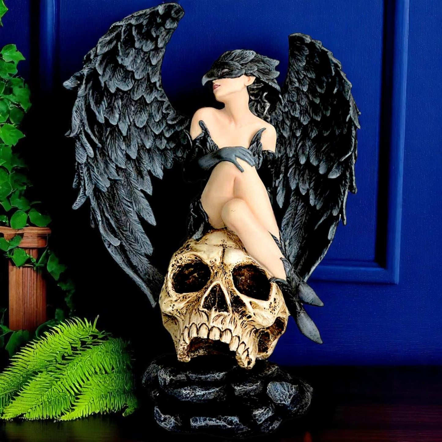Gothic Winged Bird Masked Raven Angel Figurine on Skull Dark Fantasy Sculpture