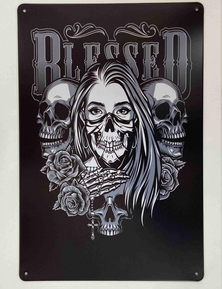 Blessed Gothic Skulls and Dark Roses Metal Sign Unique Gothic Home Decor Man Cave A Gift for a Biker-Osiris Craftworks