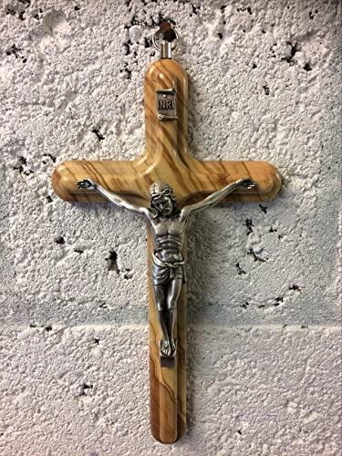 Olive Wood Wall Crucifix - Silver Metal Corpus Jesus Christ Religious Decor, Ready to Hang 20 cm