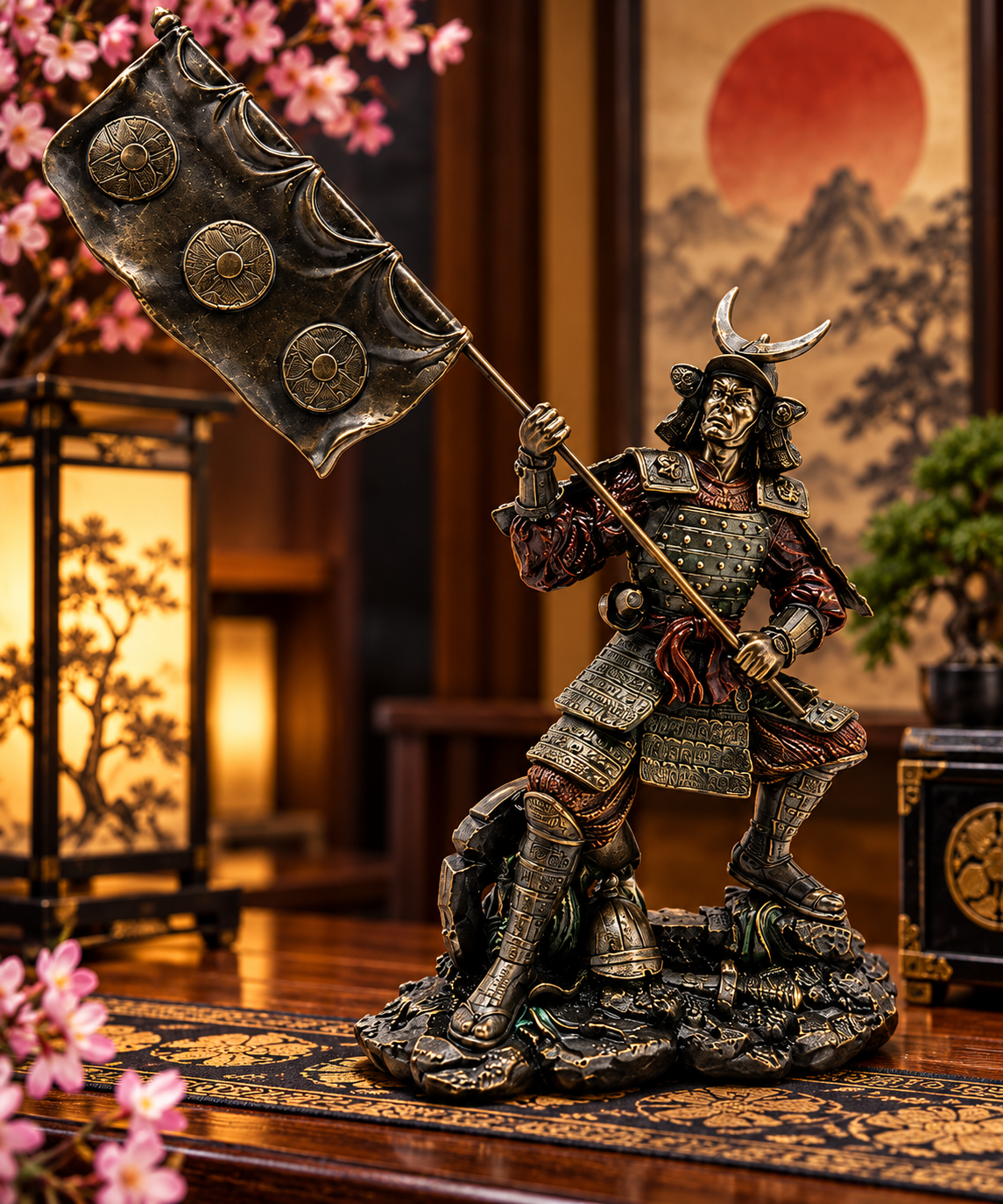 Samurai Warrior Figurine Japanese Military Banner Oriental Bronze Effect Decor