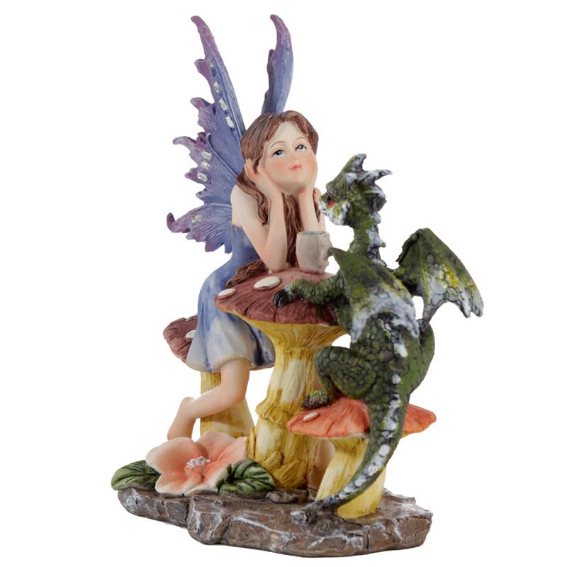 Enchanting Fairy with Dragon Companion Figurine - Fantasy Toadstool Ornament