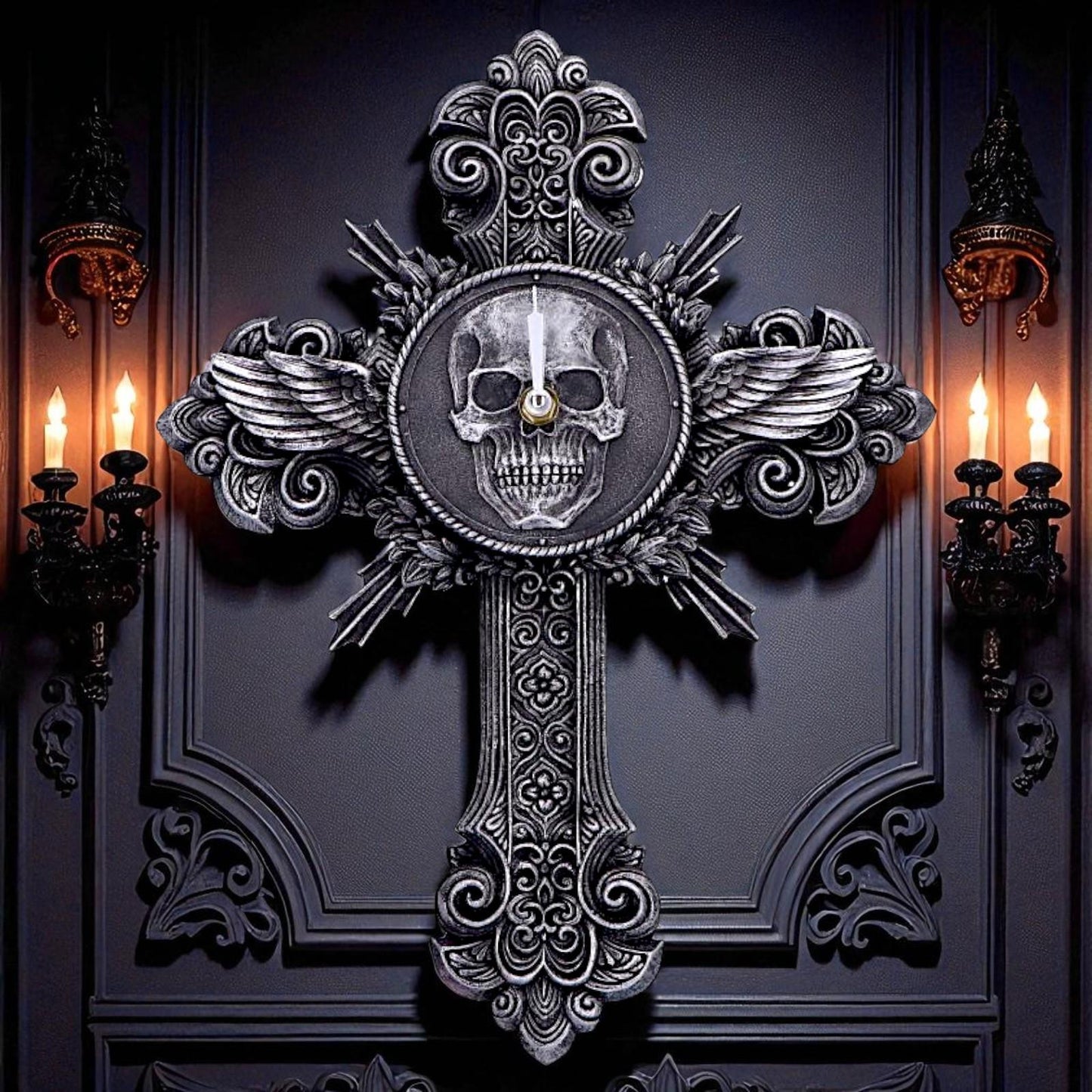 Horas Gothic Wall Clock Skull Cross Wings Silver Dark Fantasy Halloween Decor
