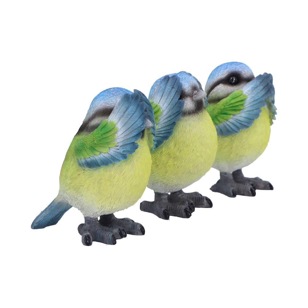 Three Wise Blue Tit Bird Figurines See No, Hear No, Speak No Evil Set Ornaments