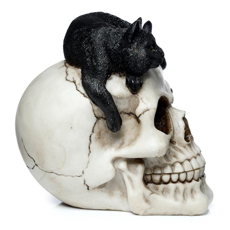 Witchcraft Black Cat on Skull Figurine Gothic Ornament Home Decor Resin Statue 14cm