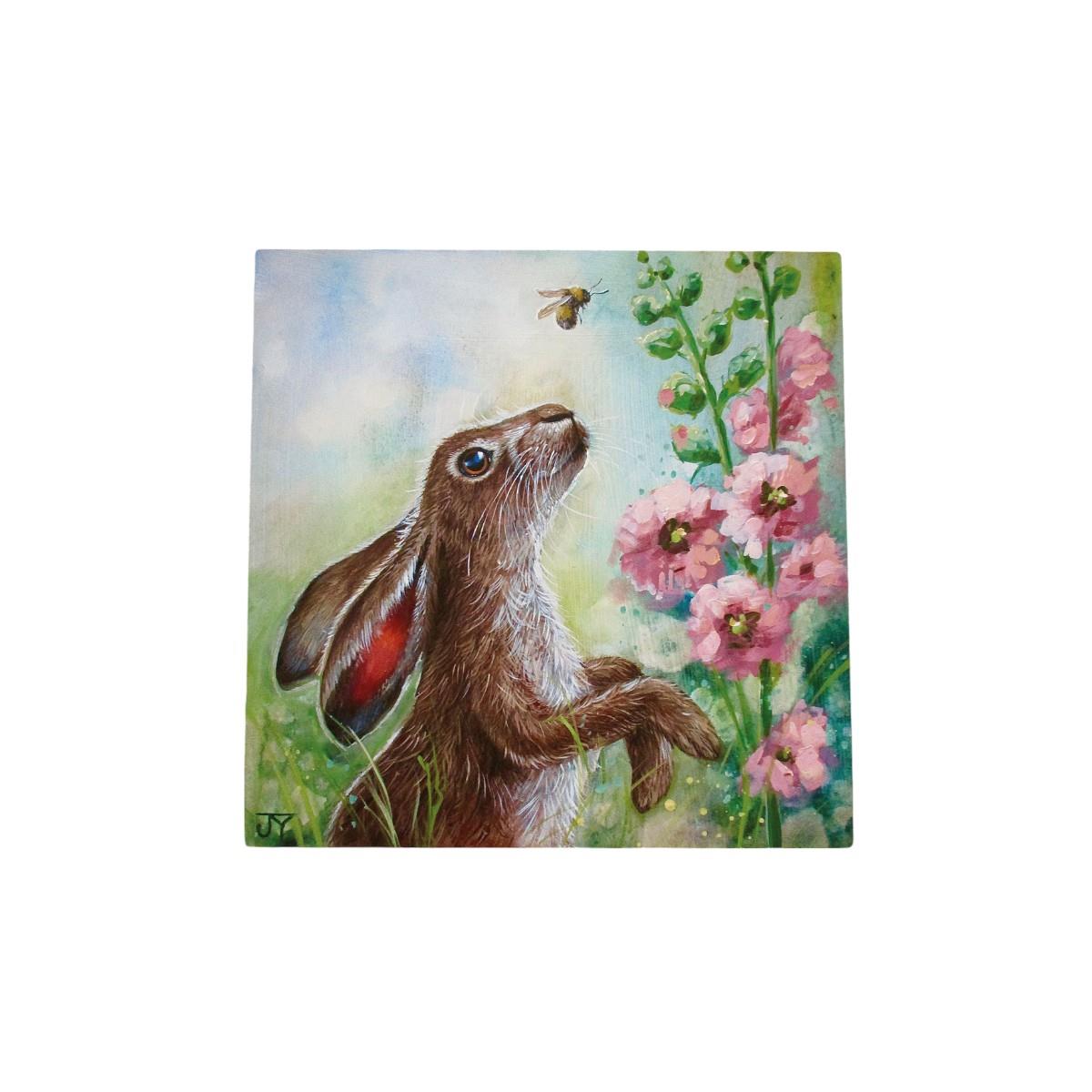 HOLLYHOCK HARE Ceramic Art Tile by Judith Yates - 20x20 cm, Handcrafted Wall Art