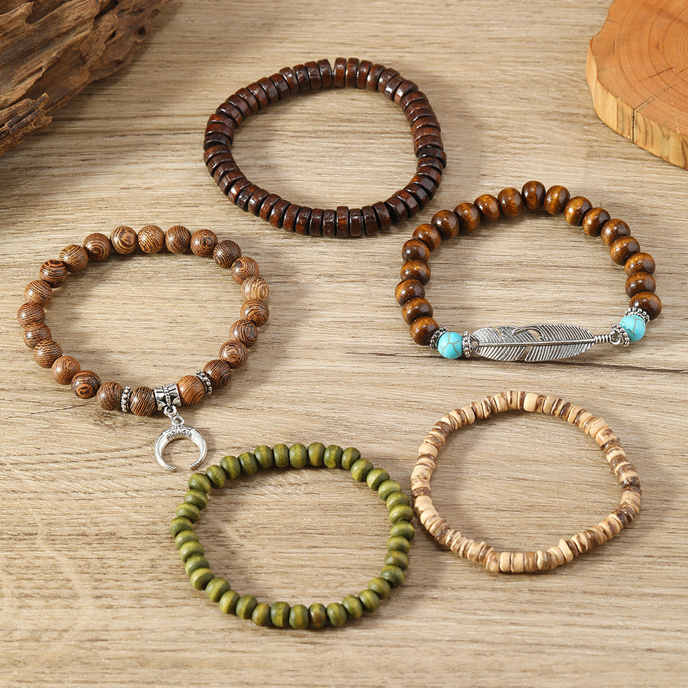Simple Fashion Bohemian Feather Crescent Wooden Bead Bracelet