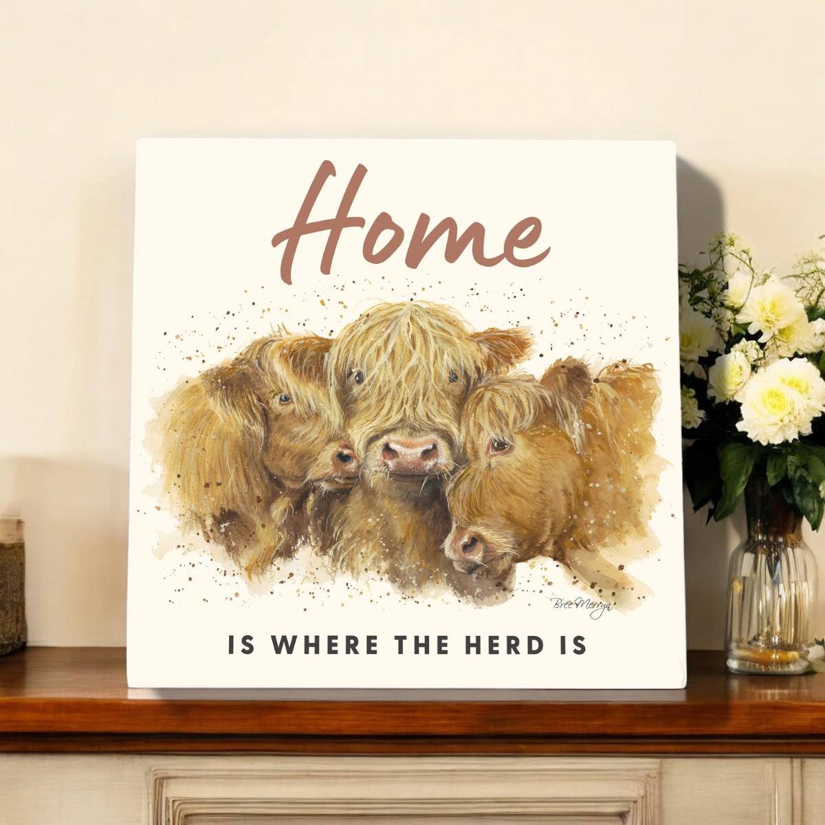 COW TRIO HOME Ceramic Art Tile by Bree Merryn, 20x20 cm – Highland Cattle Design, Ready to Hang, Unique Wall Decor