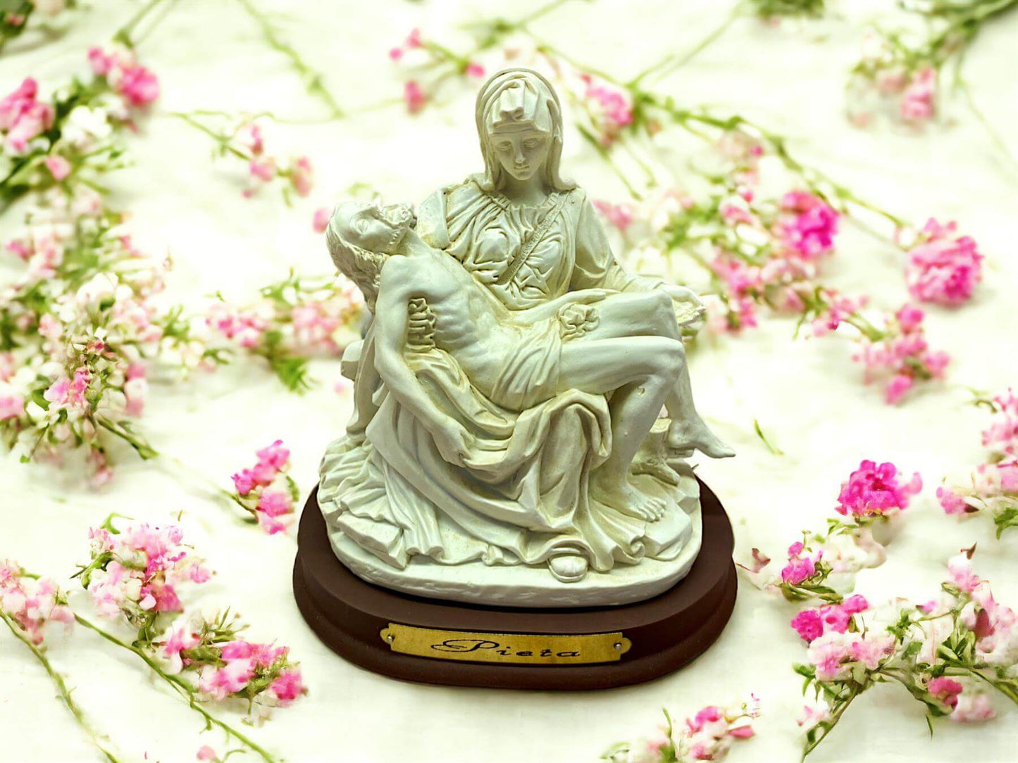 La Pieta Statue with Wood Stand - Michelangelo Masterpiece Resin Replica, Religious Home Decor, Iconic Christian Sculpture, Spiritual Art