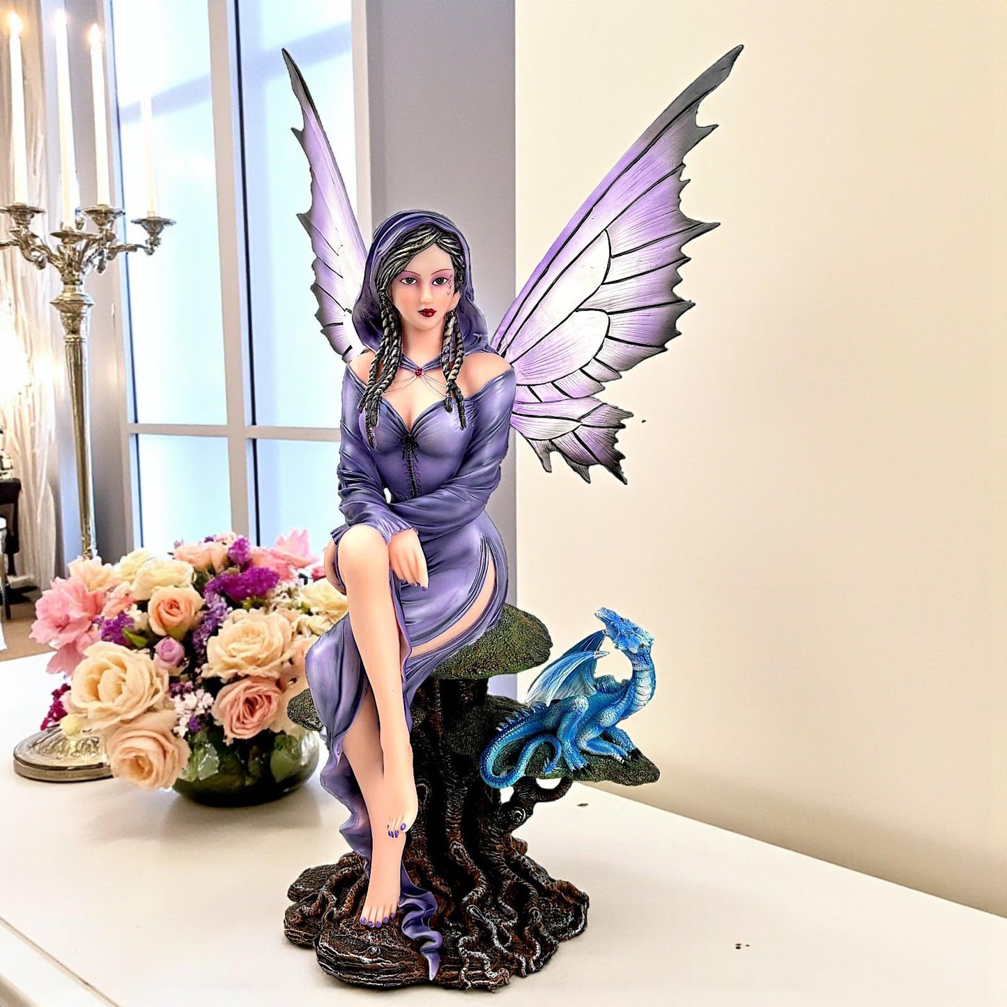 Enchanted Fairy with Dragon Figurine Gothic Mythical Sculpture Fantasy Ornament Collectible
