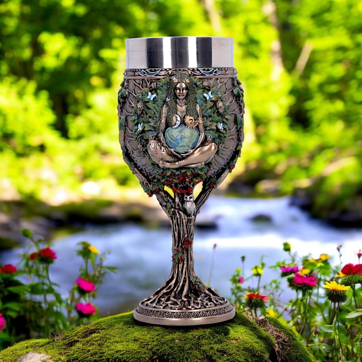 Mother Earth Goblet Pagan Goddess Chalice Wiccan tree Of Life Stainless Insert