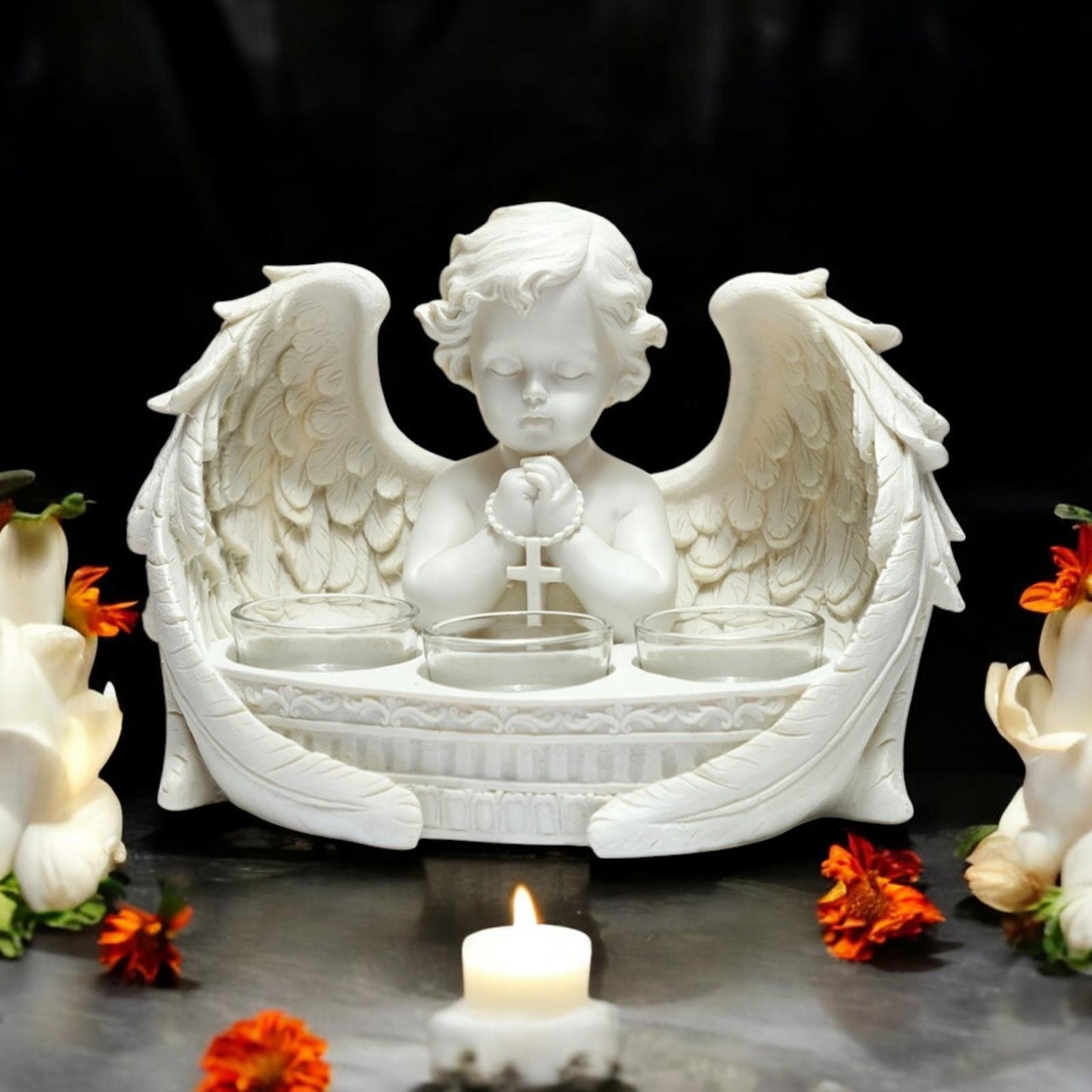 Elegant Cherub Tea Light Holder Praying Heaven Angel Candle Ornament Divine Art