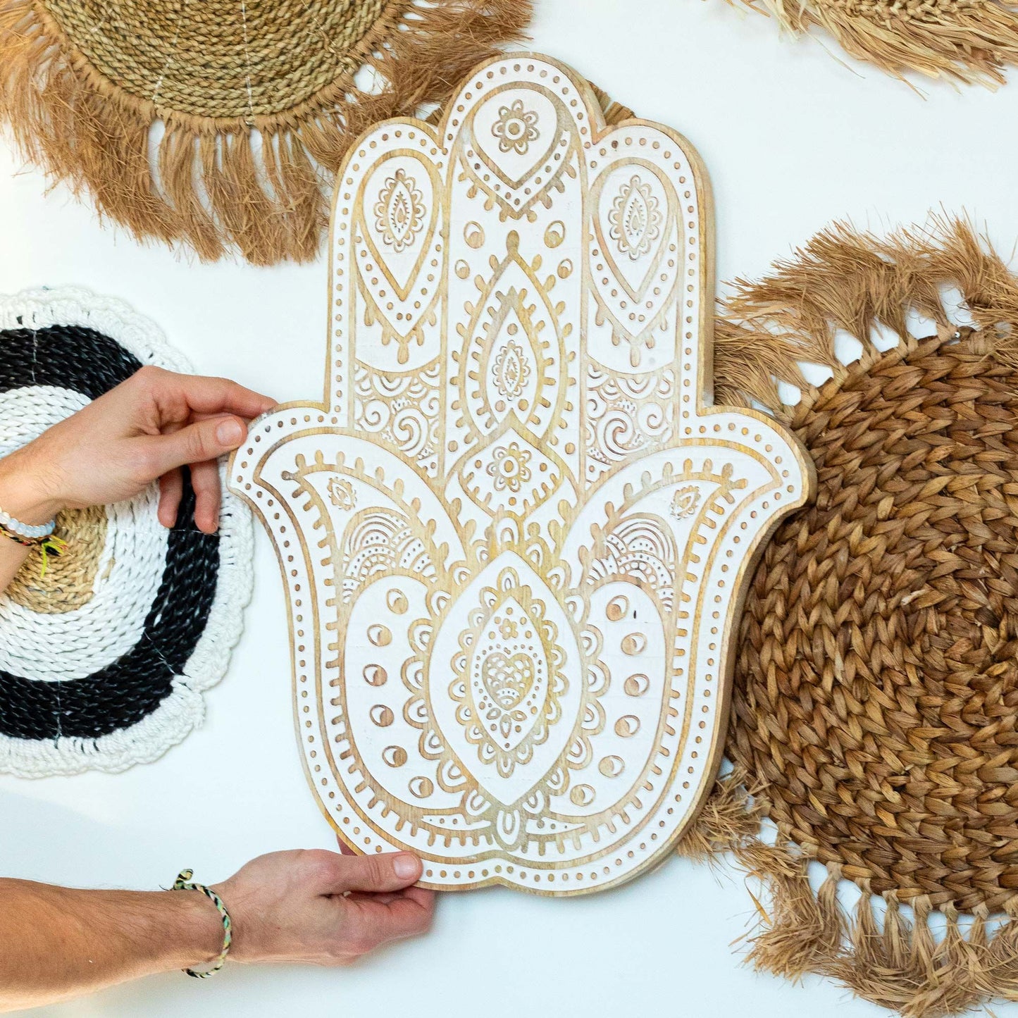 Mango Wood Hamsa Wall Plaque - Whitewash