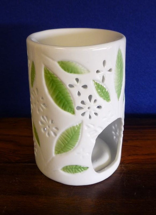 White China Oil Burner - Rnd Green Leaf