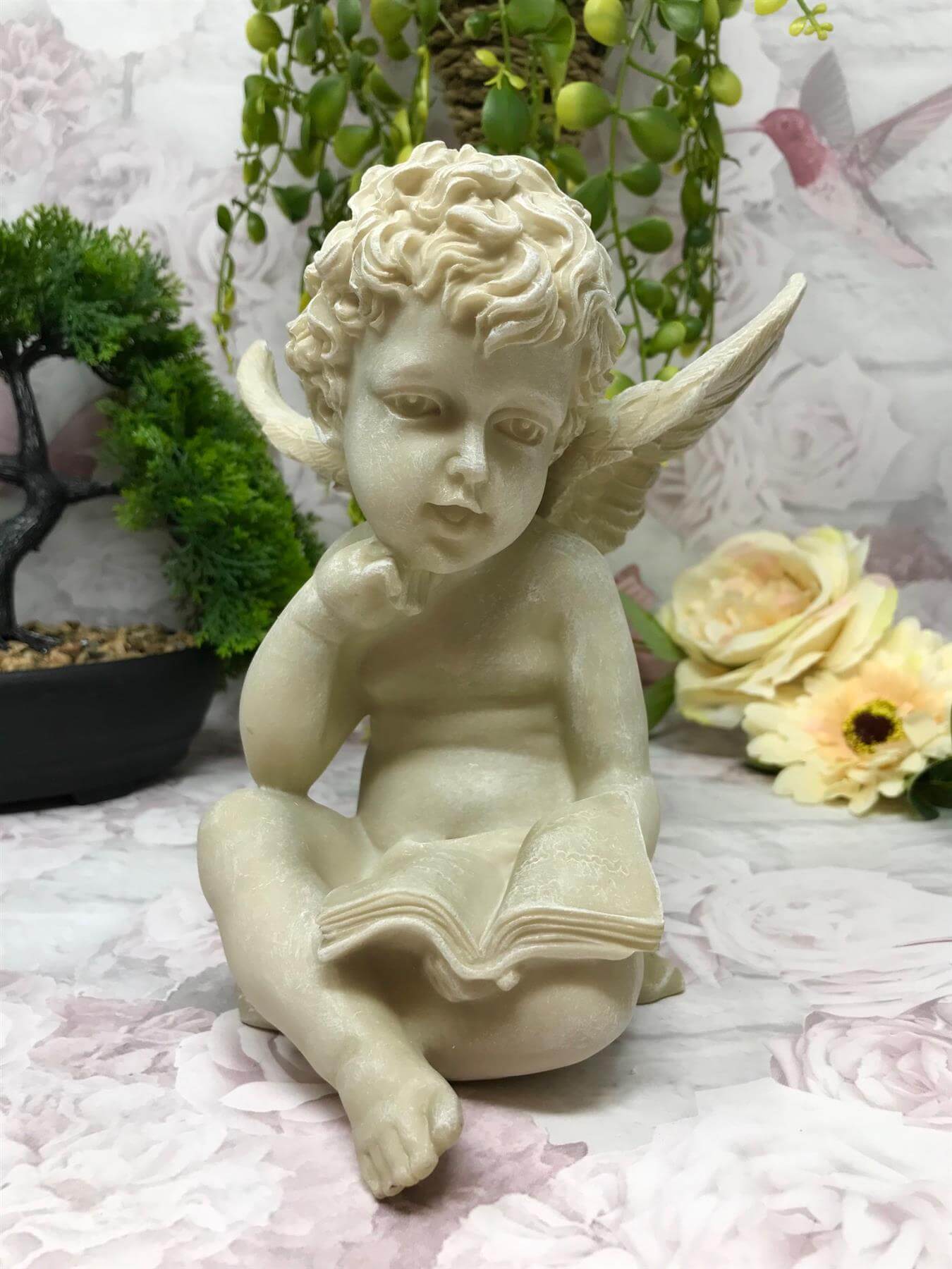 Reading Cherub Guardian Angel with Book Figurine, Tranquil Cherub Statue, Memorial Garden Ornament, Serene Inspirational Graveside Decor