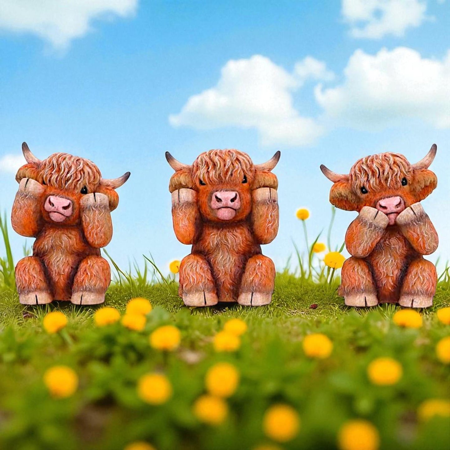 Highland Cow Three Wise Statues Cute Farm Animal Figurines Scottish Gift Home