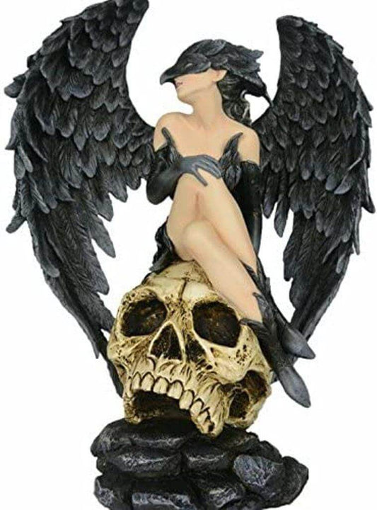 Large Dark Fallen Angel Resting on a Skull- Gothic Style Figurine