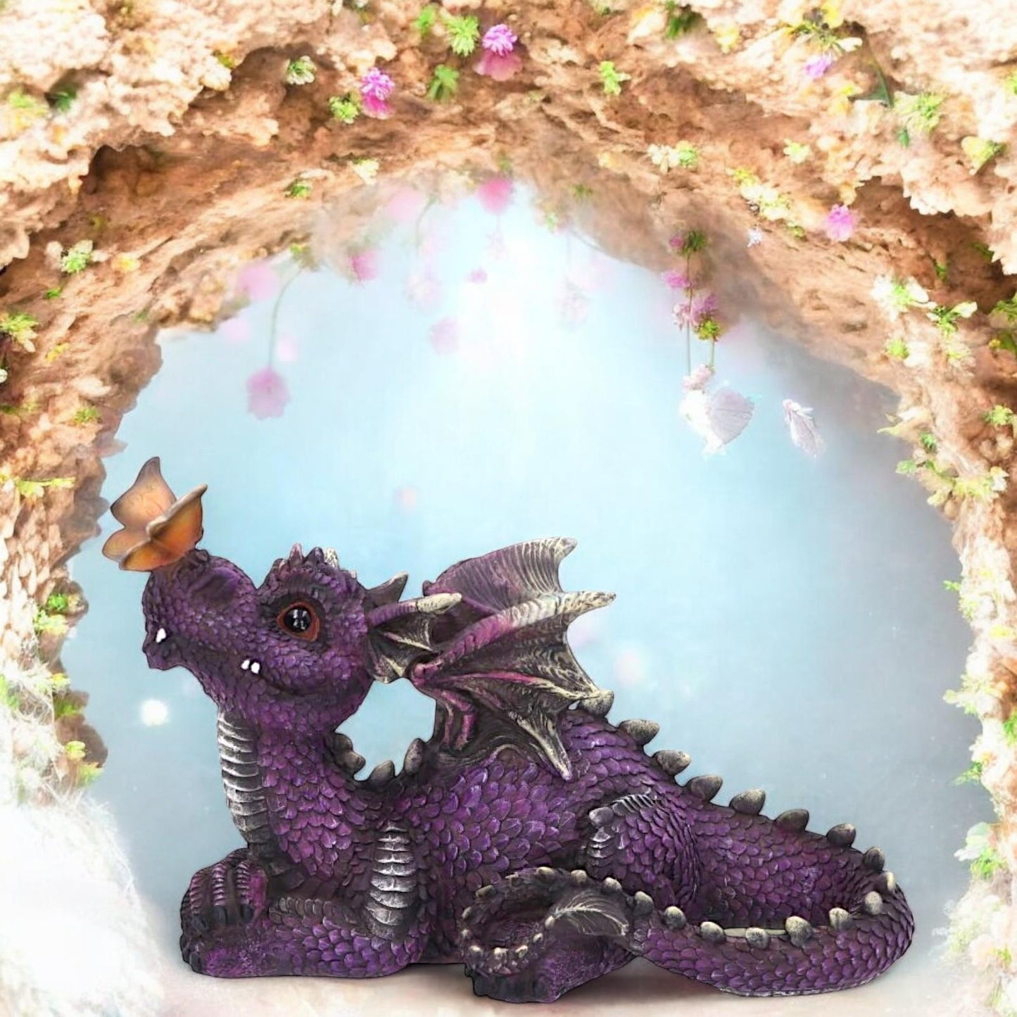Purple Dragon & Butterfly Figurine Statue Ornament Sculpture 22cm Gift Boxed