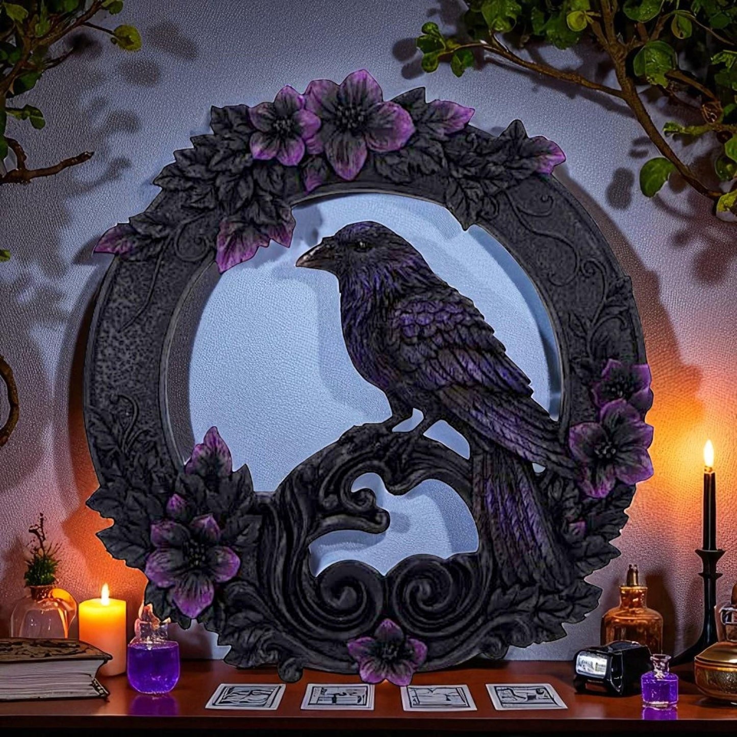 Gothic Raven Wall Plaque Dark Bird Wreath Floral Witchcraft Ornament  Decor