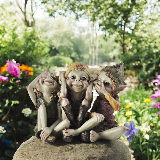 Three Wise Pixies Garden Figurine - Hear No Evil, See No Evil, Speak No Evil - Designed by Anthony Fisher - 14.3cm Wide