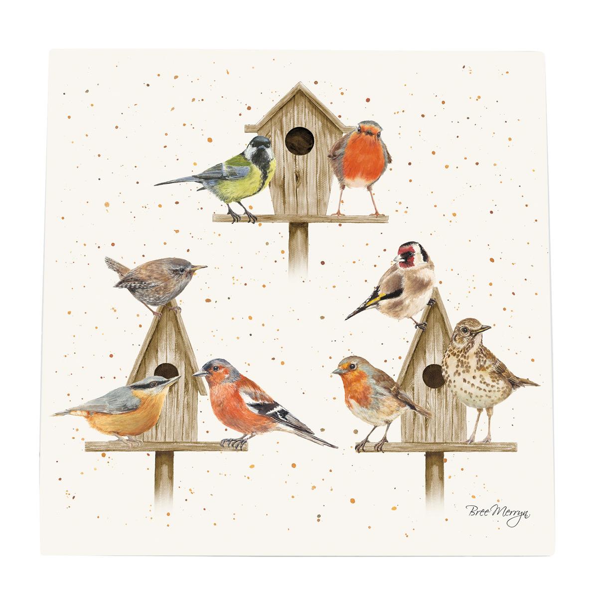 House Party Birds Ceramic Art Tile by Bree Merryn - 20x20 cm Wall Hanging - Decorative Birdhouse Tile - Boxed Gift"