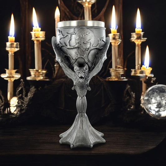 Gothic Bat Chalice Goblet with Pentagram, Designed by Tina Tarrant - Resin & Stainless Steel 20cm