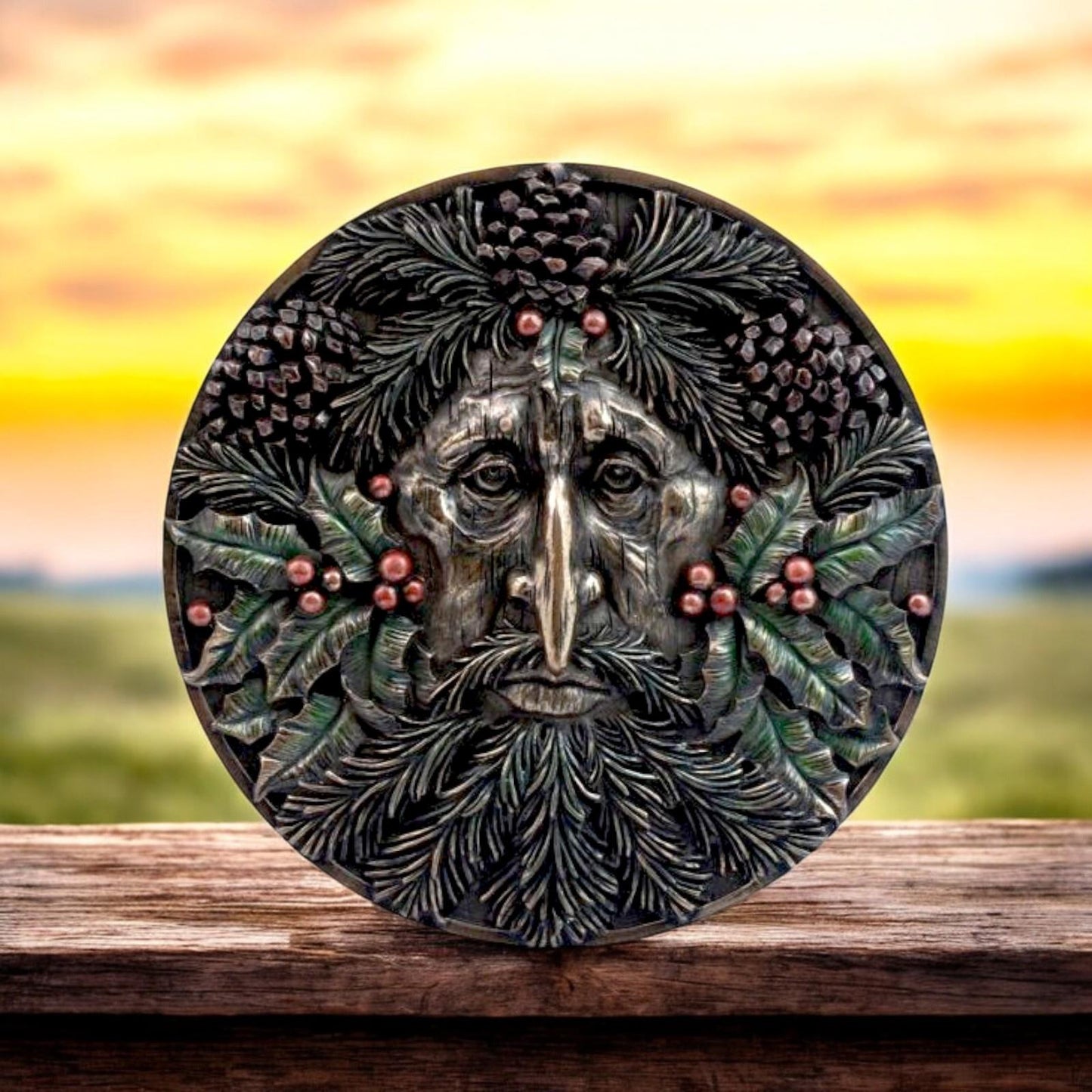 Winter Yule Green Man Wall Plaque - Resin Woodland Spirit Decor, Pagan Fantasy Art