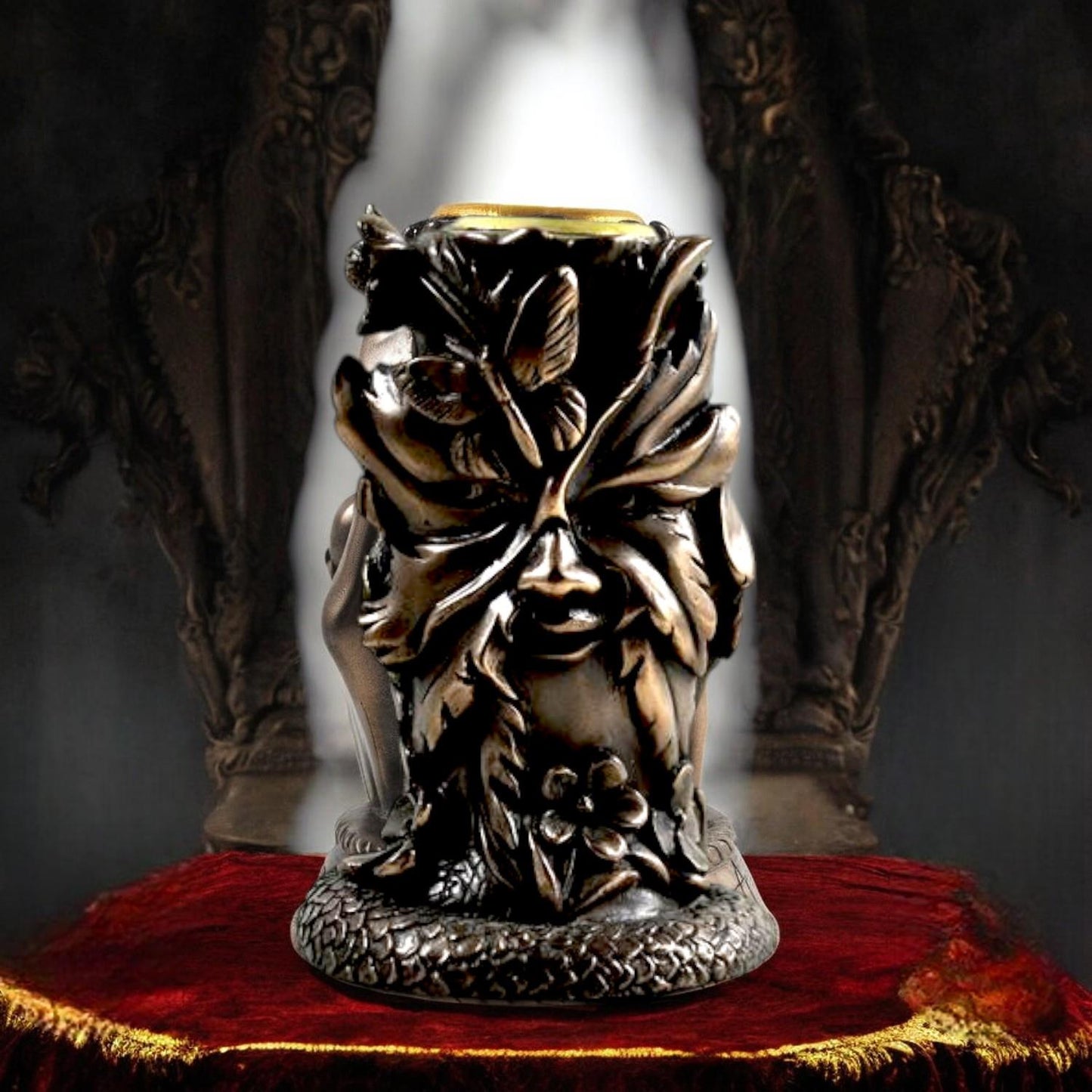 Wiccan Greenman Candle Holder - 9.2 cm Bronze Finish Pagan Decor, Nature Spirit Candle Holder