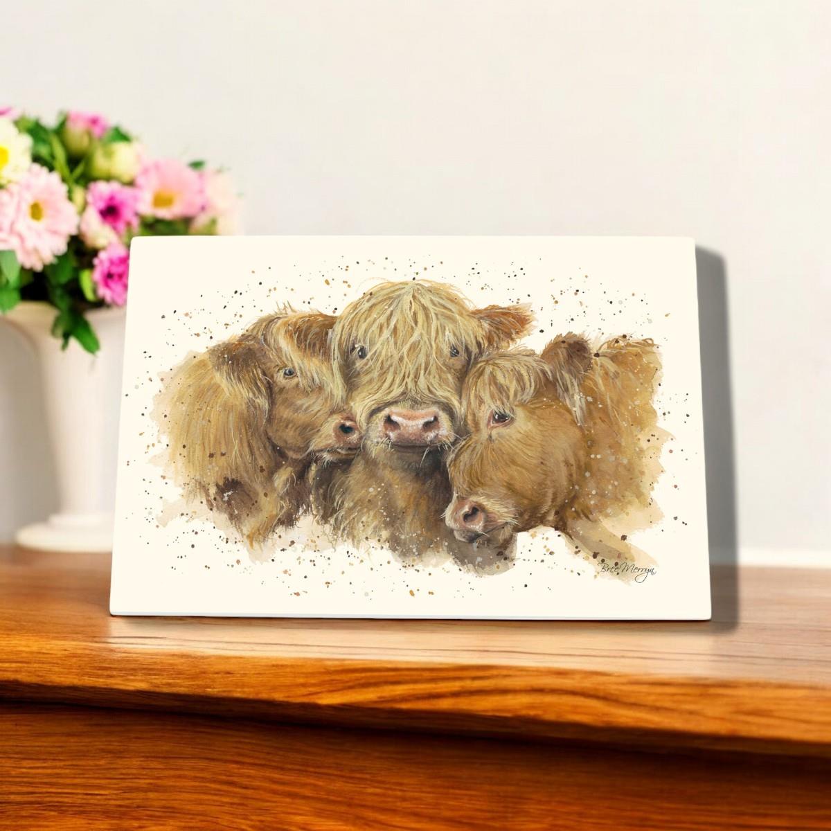 Cuddly Coos Highland Cow Ceramic Art Tile by Bree Merryn 30X20 cm | Rustic Farmhouse Wall Art Ready to Hang